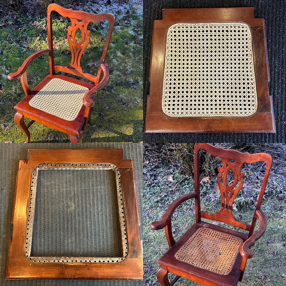 Antique hand woven caned chair, before and after photo, seat removed without cane and with freshly woven cane by Caning Canada, Calgary, AB