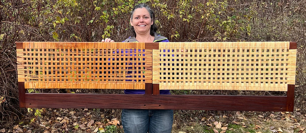 Hans Wegner double bed with a cane headboard, produced by Getama in the 1960s. One side tattered, one side freshly caned.