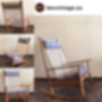 Vintage Olsen rocking chair with a blue patterned cushion and headrest. Tiled floor, beige wall. Text: bexvintage.ca logo.
