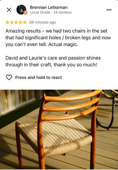 Client review of Caning Canada for Danish cord weaving services on a set of Moller 78 chairs in Calgary, Alberta