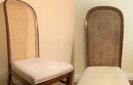 Before and after photo of cane replacement in vintage cane back chairs, Calgary, AB