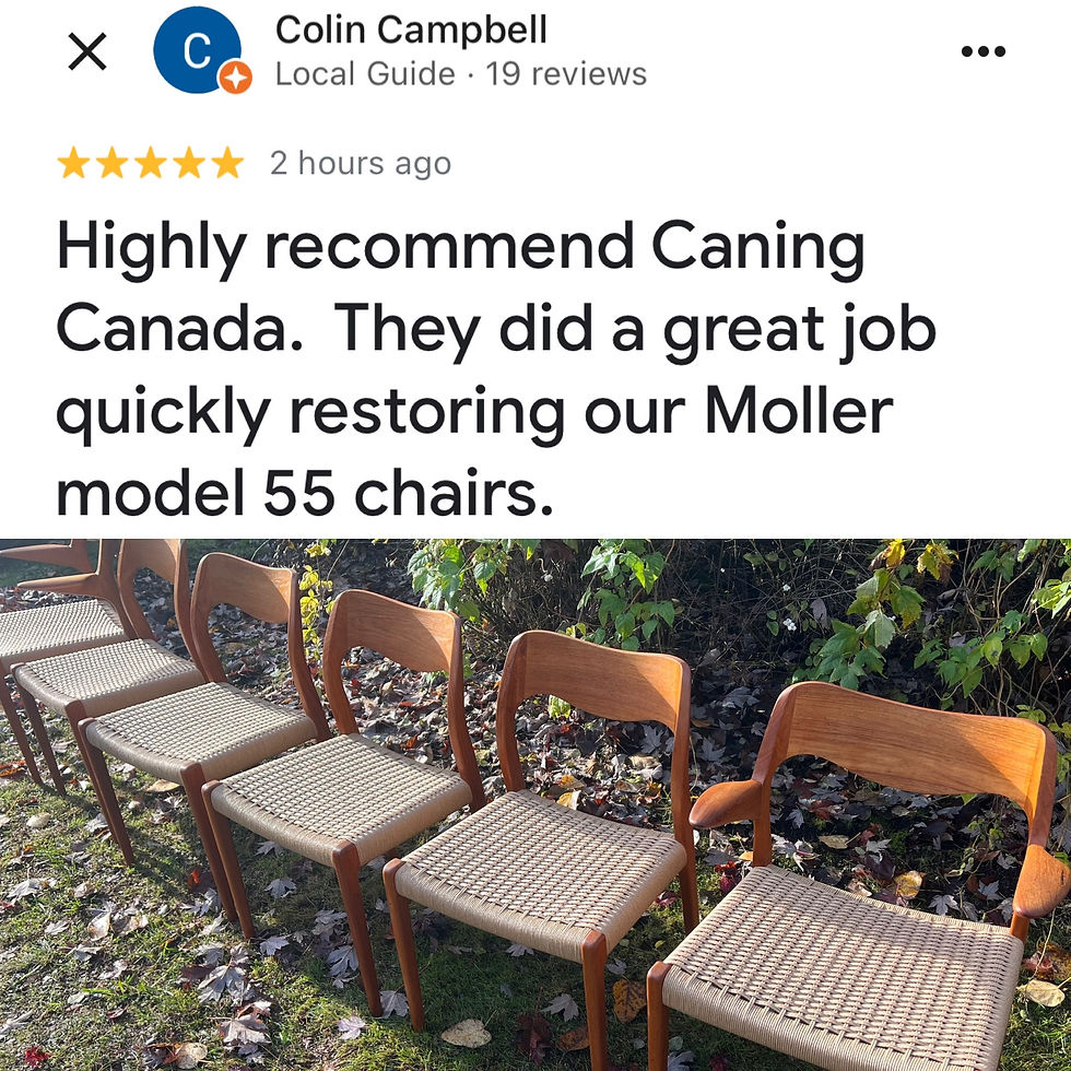 Review text recommending Caning Canada for restoring Moller model 55 chairs. Image shows restored wooden chairs on grass with leafy background.