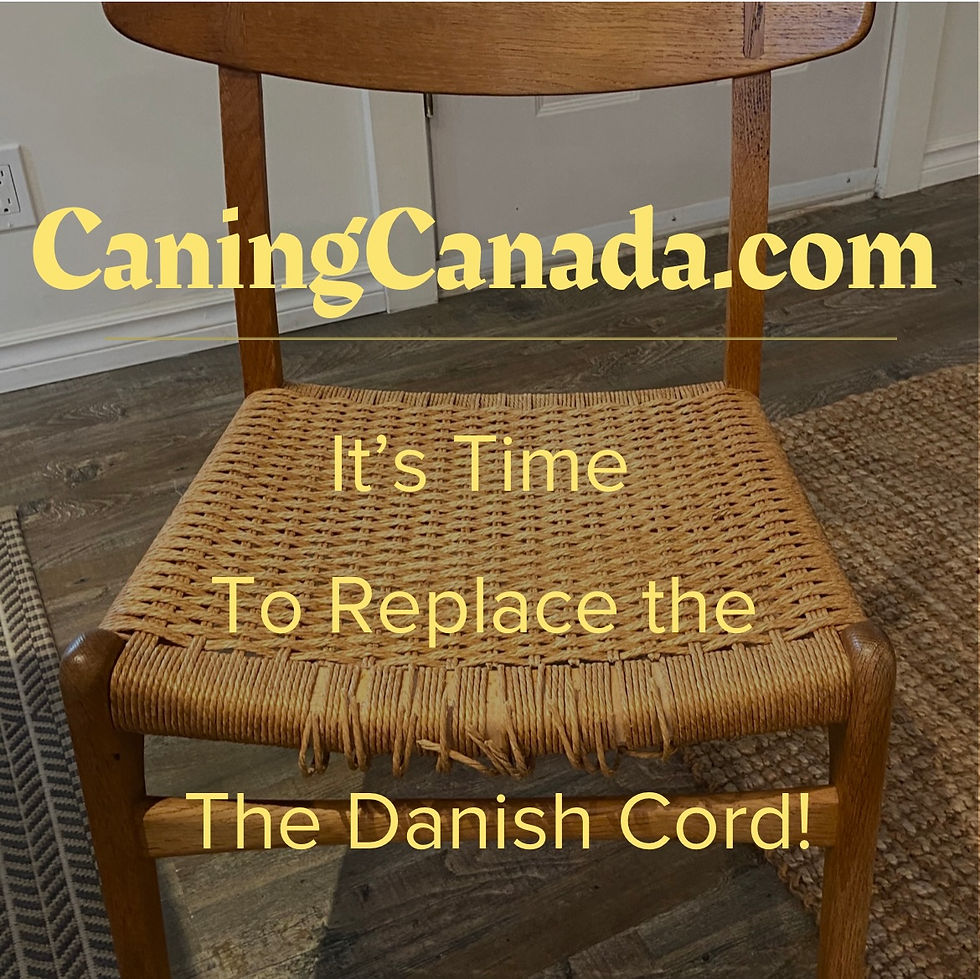 Wegner CH23 with worn Danish cord seat. Text: "CaningCanada.com It's Time To Replace the Danish Cord!" Rustic setting.