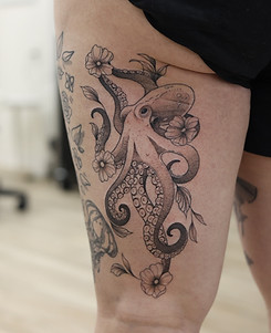 black and grey illustrative fine line octopus done on leg in toronto