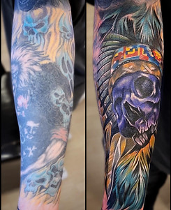 full colour realism cover up tattoo skulls done on arm in toronto