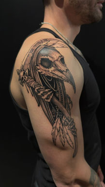 plague doctor black and grey illustrative tattoo by kk tattoo done in toronto