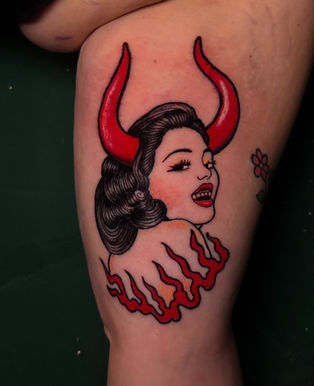 neo classical devil lady tattoo done by Paolo Luciano in Toronto Stigmata Tatttoos