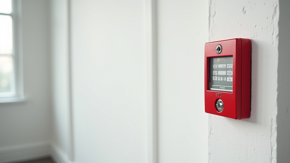 Eye-level view of a fire alarm on a white wall
