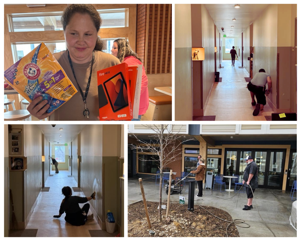 A collage of service-day activities at St. Valentine Apartments.