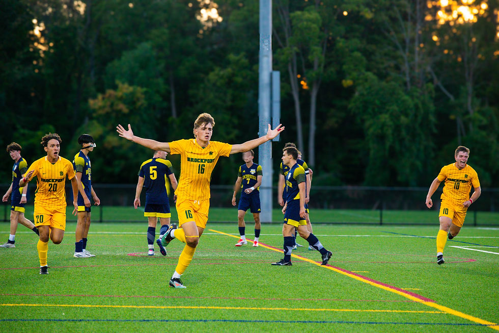 Mathis (#16) celebrates after scoring his first collegiate goal on Wednesday, Sept. 3, 2025. (Brockport Athletics)
