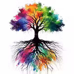 Colorful watercolor tree with a black trunk, vibrant rainbow foliage, and exposed multicolored roots on a white background.