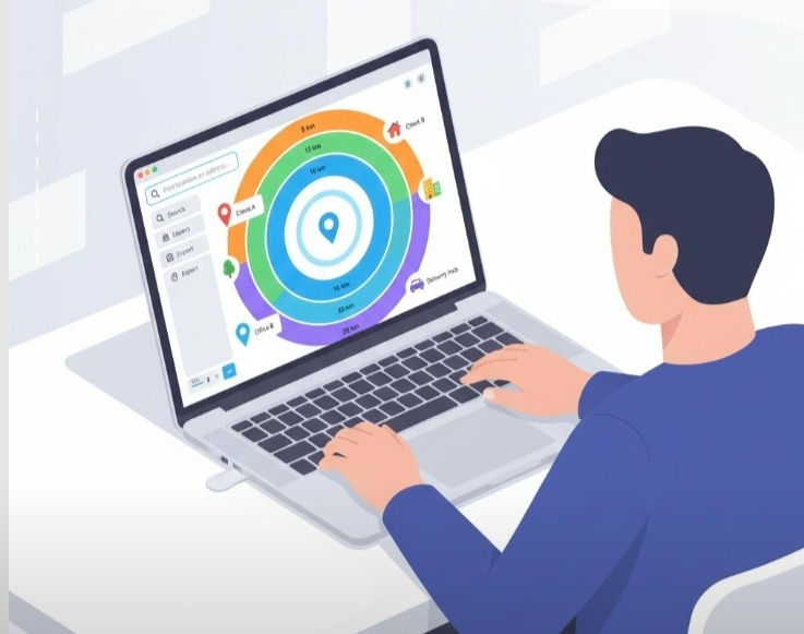 Person in blue shirt using a laptop with a colorful radial map on screen. White and gray office setting, focused atmosphere.