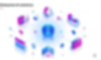 Futuristic AI concept with a central blue brain connected to various tech elements and graphs. Text: Enterprise AI solutions. Bright colors.