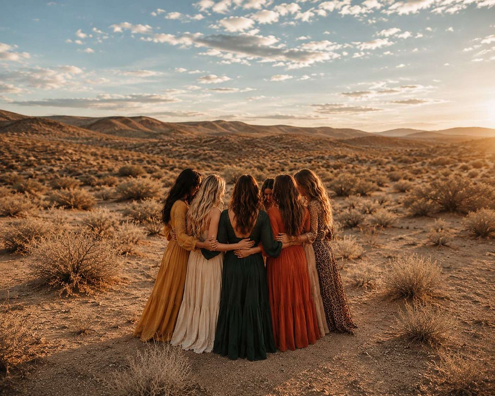 Seven women in colorful dresses embrace in a desert landscape at sunset, facing away. Warm tones and scattered bushes under a cloudy sky.