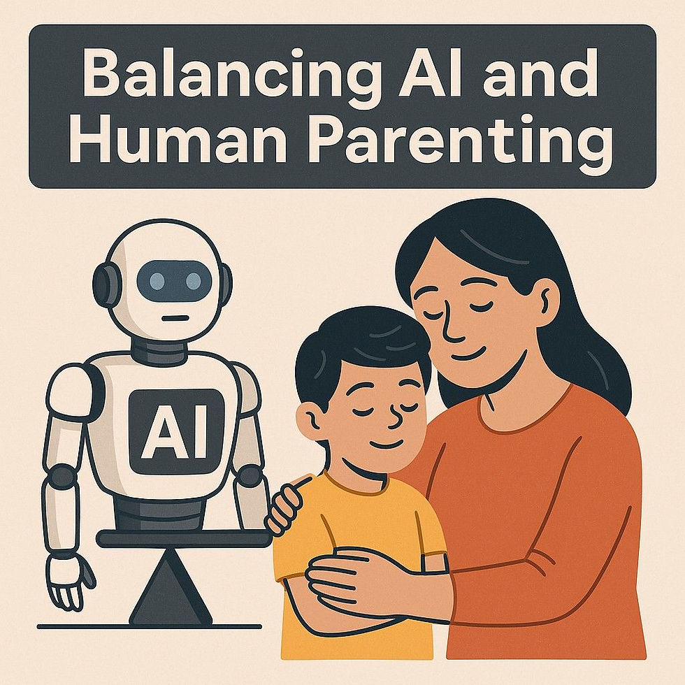 Robot labeled AI, woman hugging child in orange clothes. Text: Balancing AI and Human Parenting. Warm, comforting mood.