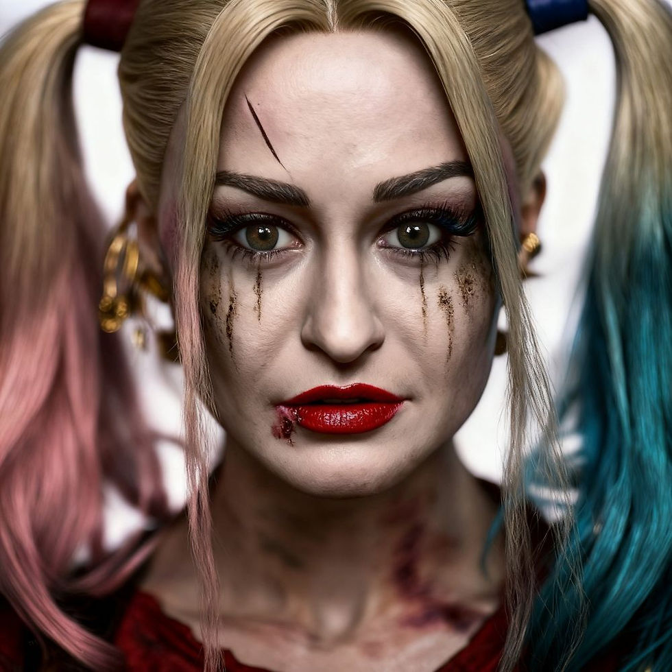 Close-up of a fierce woman with blonde pigtails tipped pink and blue, smeared makeup, bloodied lip, staring intensely.