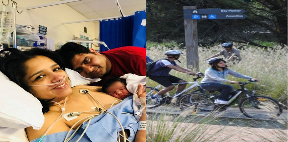 collage photo of a happy family and woman riding a bike