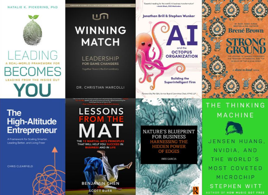 A collage of eight book covers with diverse designs and themes, featuring titles on leadership, AI, entrepreneurship, and business strategies.