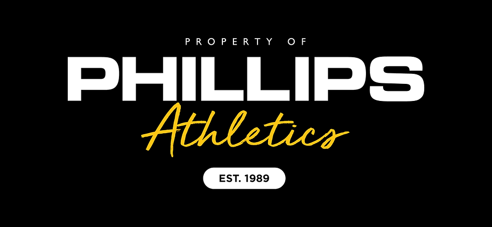Black logo reading PROPERTY OF PHILLIPS Athletics, with EST. 1989 in a white capsule.