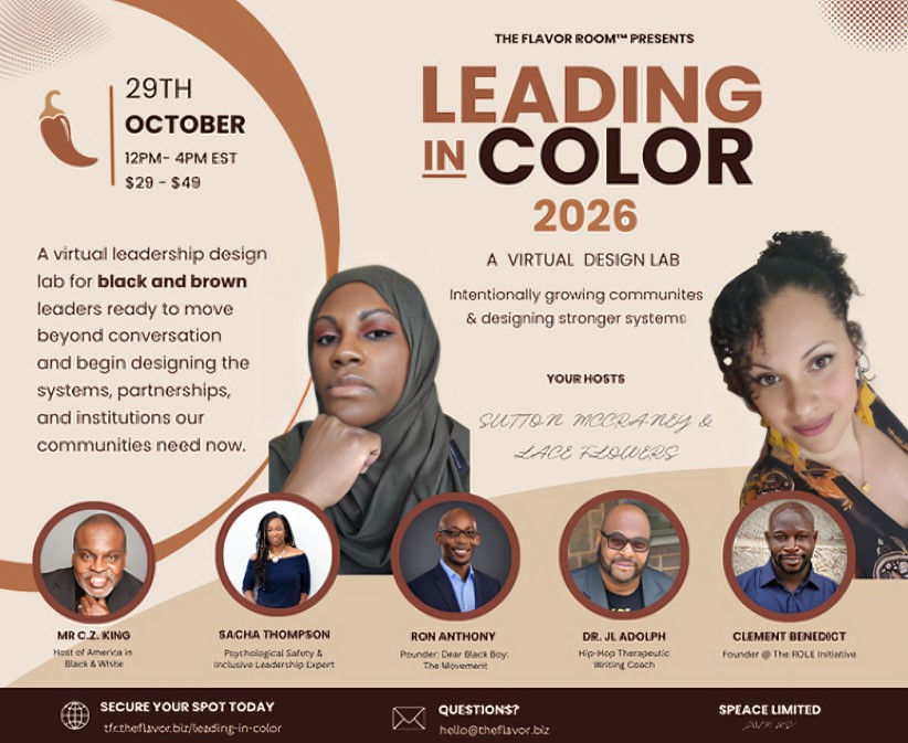 Flyer for Leading in Color 2026 virtual design lab, Oct 29, with two women and five host portraits on a beige and brown background.