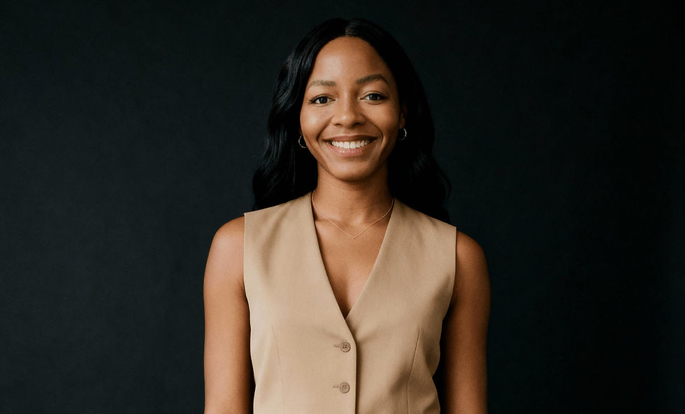 Smiling person in a beige vest stands against a dark background. The mood is cheerful and professional.