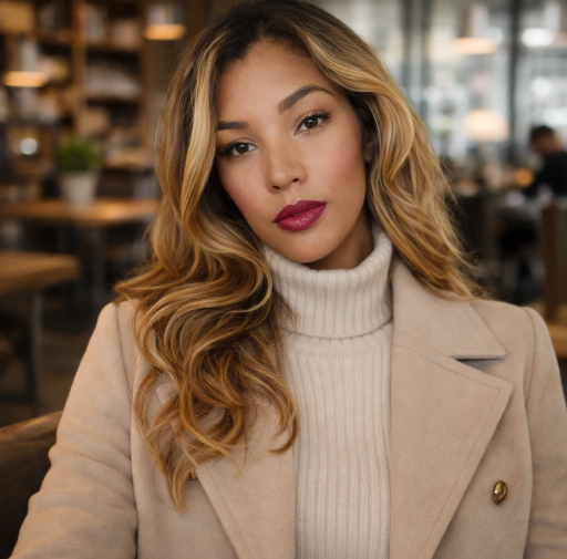Woman with braided hair in white blazer and red top, wearing red lipstick, earrings, and a necklace, against a neutral background.
