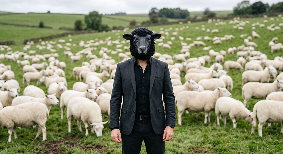 Man in a black suit and sheep mask stands in a green field surrounded by a large flock of white sheep.