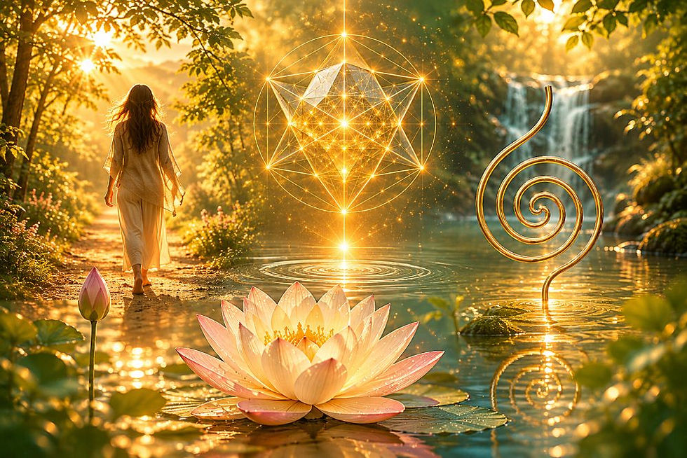 Woman walks through a golden forest by a waterfall, past a glowing lotus and spiral light over calm water.