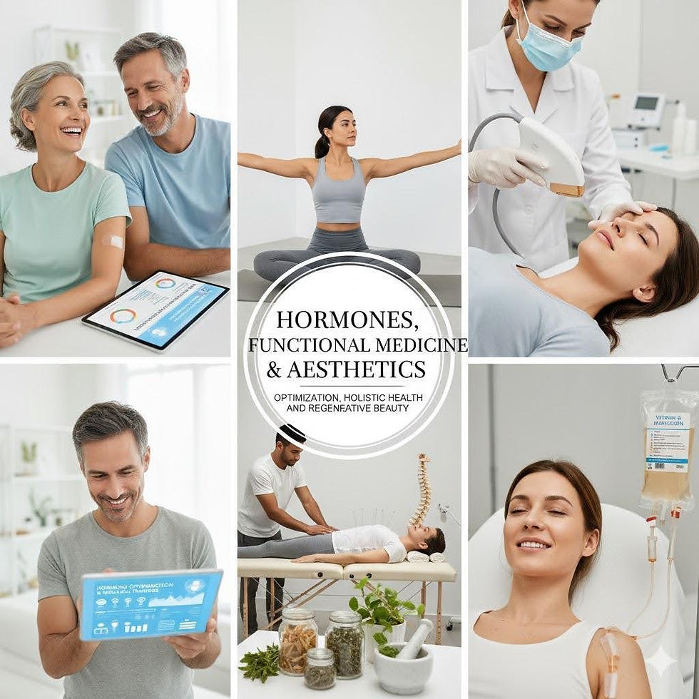 Collage of health and wellness activities: yoga, medical treatment, consultations. Text: Hormones, Functional Medicine & Aesthetics.