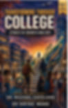 Book cover of Transforming Through College: students climb glowing stairs at sunset between campus buildings; text says growth and grit.