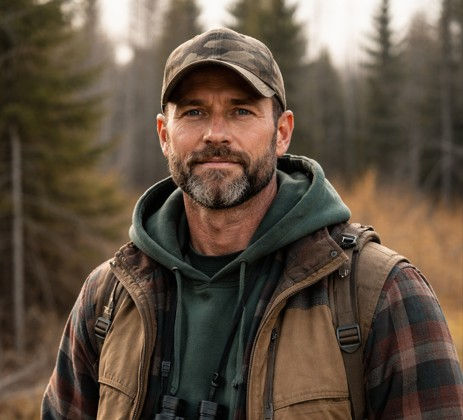 Man in camo cap and brown vest with binoculars outdoors, standing in a forest with evergreen trees, wearing a green hoodie, calm expression.