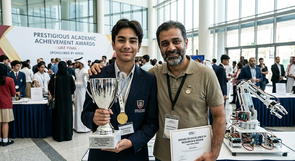 Two people smiling, one holding a trophy. Background shows an academic award event with people and displays. Text reads "Prestigious Academic Achievement Awards."