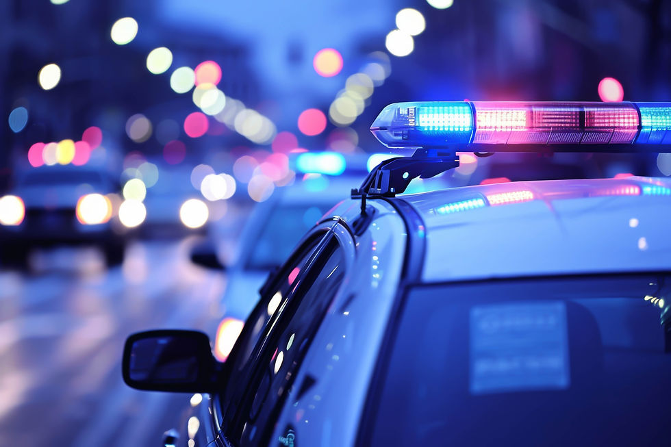 Police car roof light bar flashing blue and red at night, with blurred city street lights in the background.