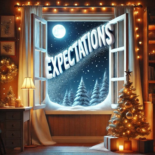 a cozy, warmly lit room decorated for Christmas, with a view of a snowy landscape through an open window.