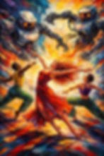 Dancers in colorful outfits reach toward towering robots with glowing eyes, set against a vibrant, fiery backdrop. Energetic and dramatic.