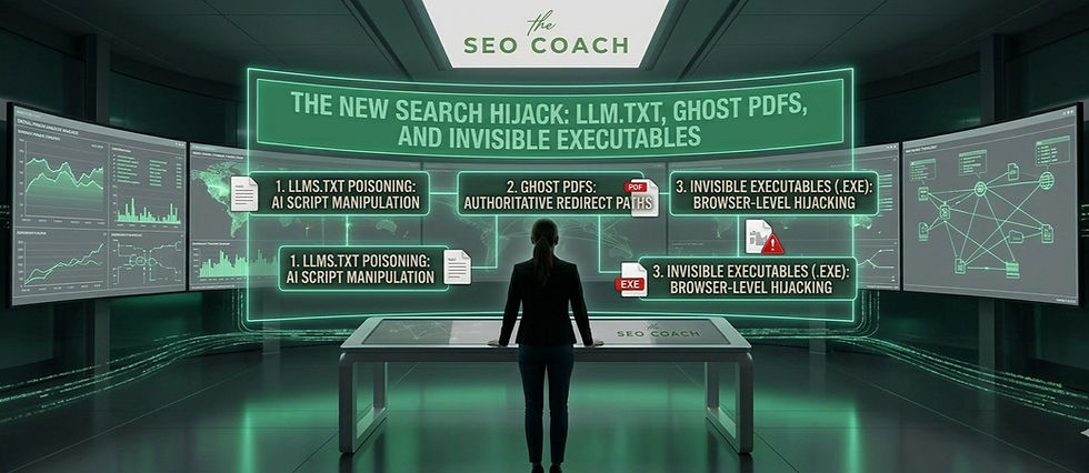 Person in a neon control room faces screens reading The SEO Coach about LLM.txt poisoning, ghost PDFs, and invisible executables.