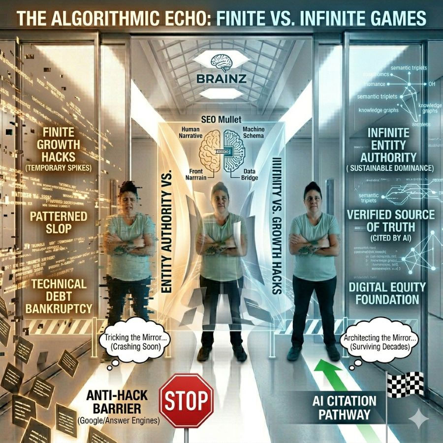 Two identical people stand, arms crossed, in a digital setting labeled "Finite vs. Infinite Games." Text includes "Entity Authority" and "AI Pathway."