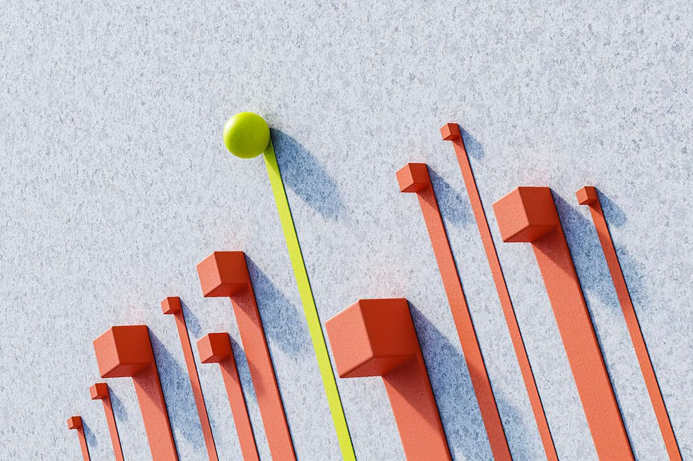 Red and green 3D bars with cubes rise from a textured gray surface. A green sphere tops a tall green bar, creating a data visualization.