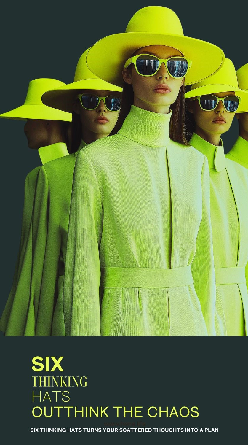 Women in neon green hats and coats with sunglasses, standing against a dark background. Text: Six Thinking Hats - Outthink the Chaos.