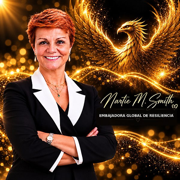 Smiling woman in black-and-white blazer before glowing golden phoenix; text reads Martie M. Smith, Embajadora Global de Resiliencia.