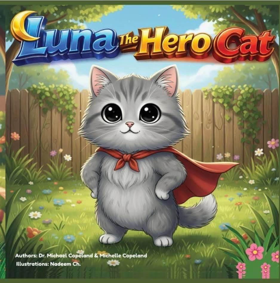 A fluffy gray cat with a red cape stands on grass in front of a wooden fence. Text: "Luna The Hero Cat." Bright, cheerful scene.