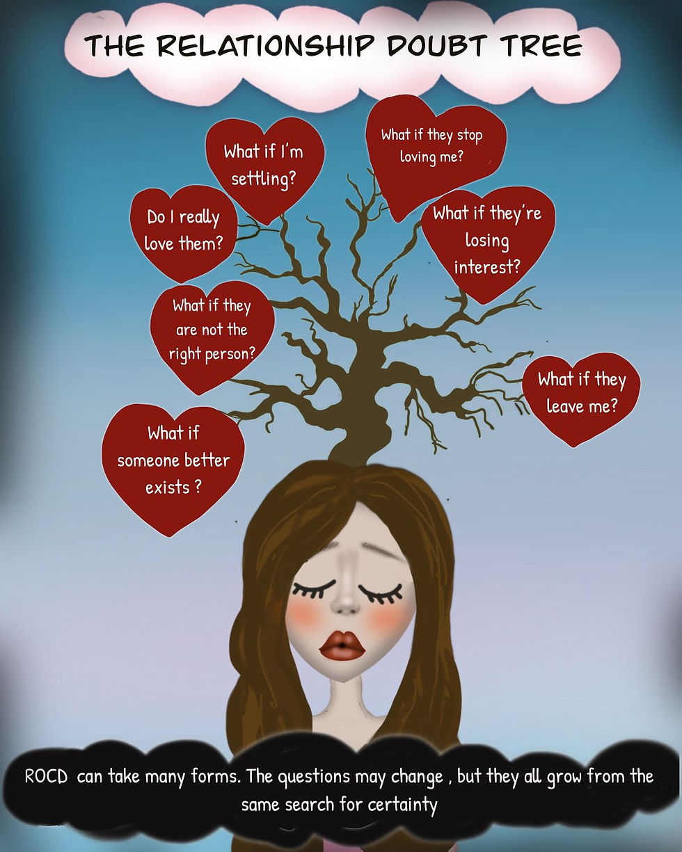 Illustrated poster of a sad woman under a bare tree with red heart doubts; text says Relationship Doubt Tree and ROCD certainty search