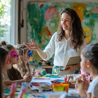 Child with curly hair smiles widely, hands covered in colorful paint. Vibrant background with splashes of red, orange, and purple. Joyful mood.