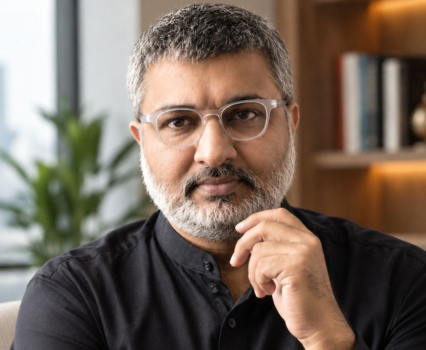 Thoughtful man with glasses and gray beard in a black shirt, resting his hand on his chin in a bright office.