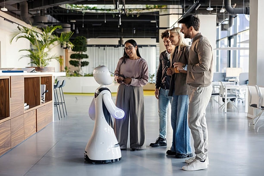 A group of four people smile and interact with a white robot in a modern, bright office with plants and wooden decor.