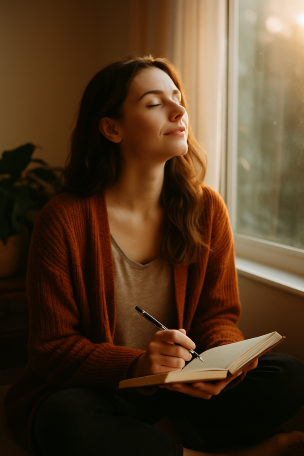 Woman in a cozy room, eyes closed, holding a pen over an open notebook by a window, warm sunlight, wearing a rust-colored cardigan.