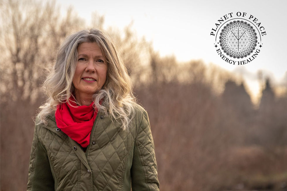 Woman with gray hair in green coat and red scarf outdoors, peaceful expression. "Planet of Peace Energy Healing" text with mandala logo.