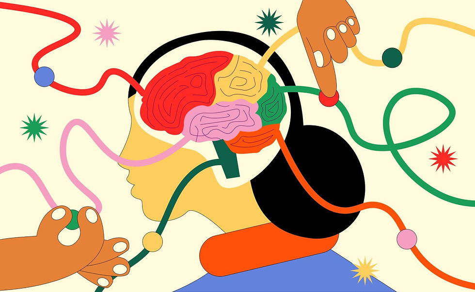 The illustration shows a colourful abstract depiction of a human head with a visible brain, connected to multiple winding lines being held and guided by different hands.