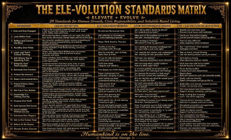 Gold-and-black poster titled THE ELE-VOLUTION STANDARDS MATRIX, a 20-point self-improvement chart with dense text blocks.