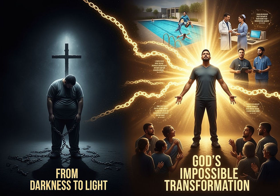 The image depicts a transformation "From Darkness to Light", symbolized by a man initially chained and despondent under a cross, transitioning to a radiant figure surrounded by support and positive imagery, representing "God's Impossible Transformation."